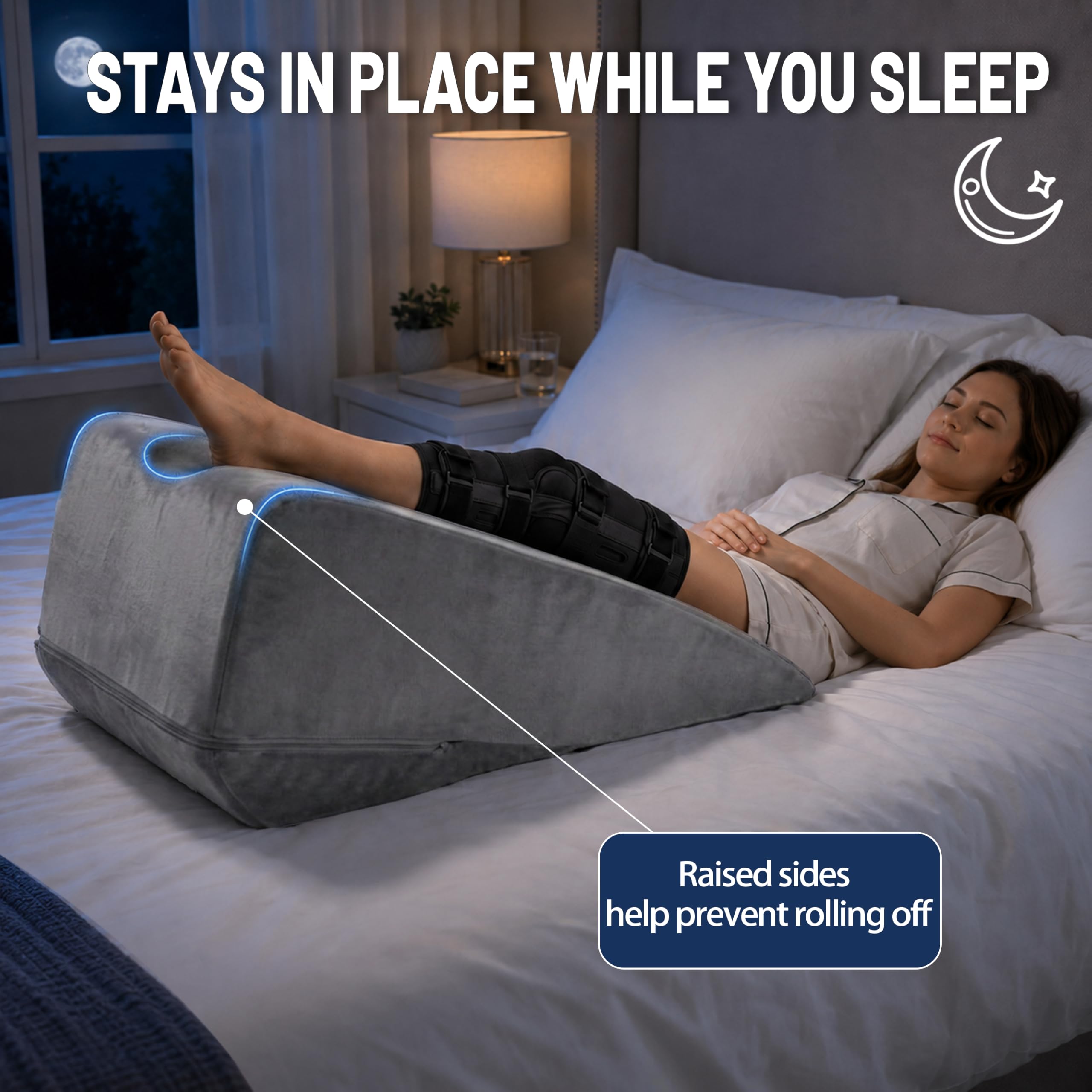 Person sleeping with a hinged knee brace, leg in the U-groove of the gray wedge.