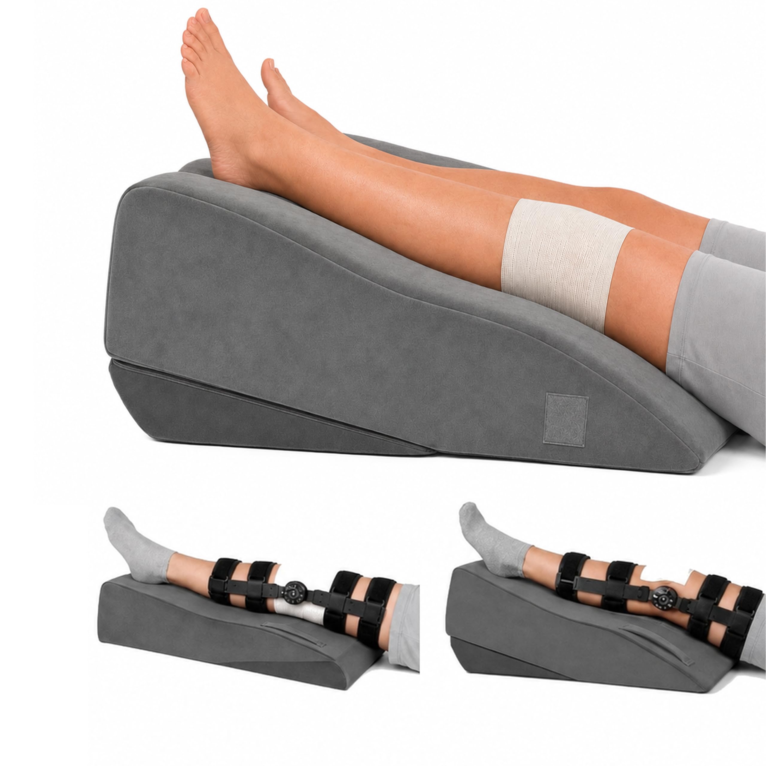 Double-leg LYXOMED wedge with both legs on one slope; one thigh is bandaged.
