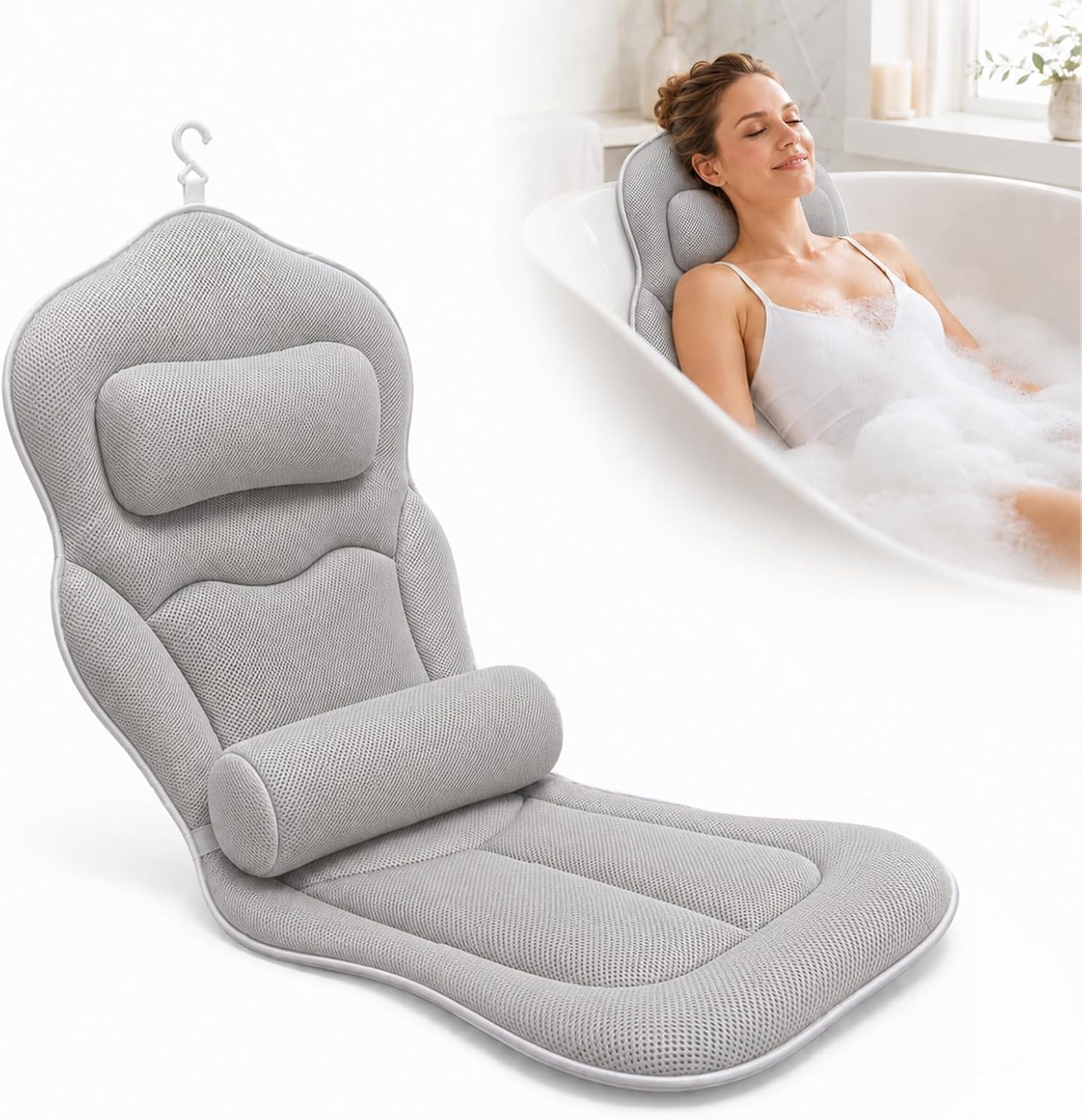 Full-length mesh bathtub pillow.