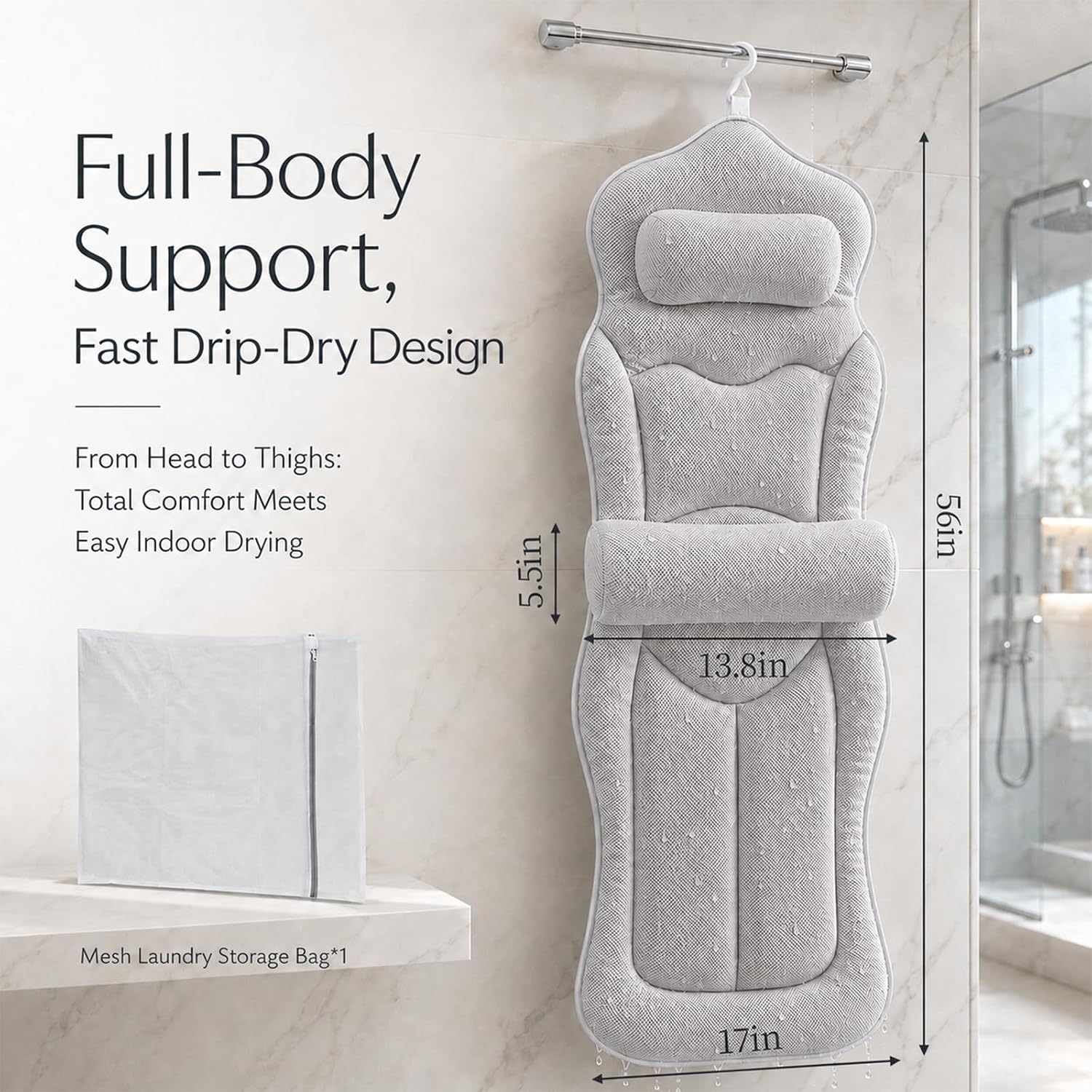Grey mesh tub mattress hanging to dry, labeled 56 inches long with a 5.5-inch lumbar roll and a white mesh storage bag.