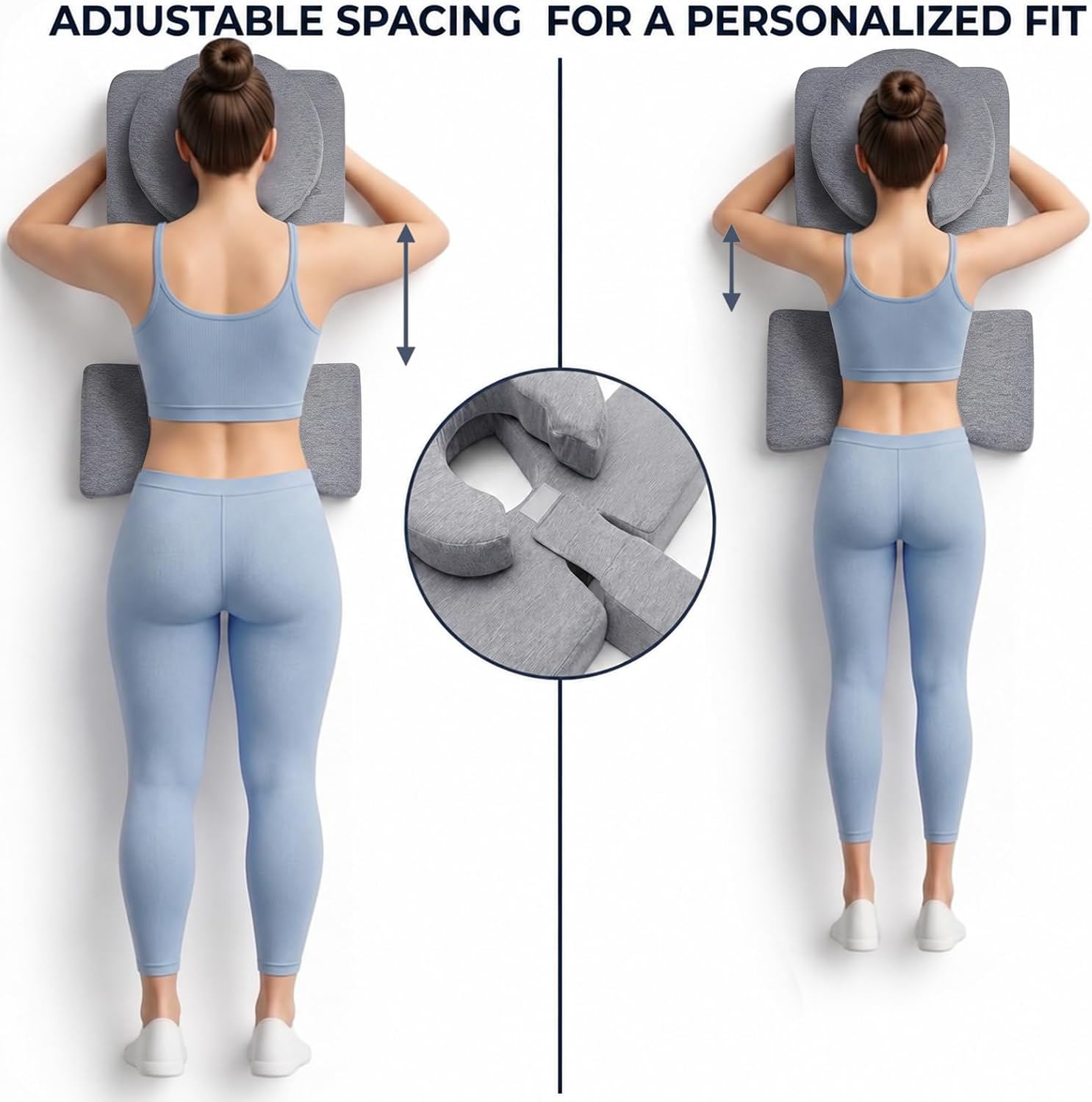 Grey face-down pillow: circular head cradle and a sliding chest riser.