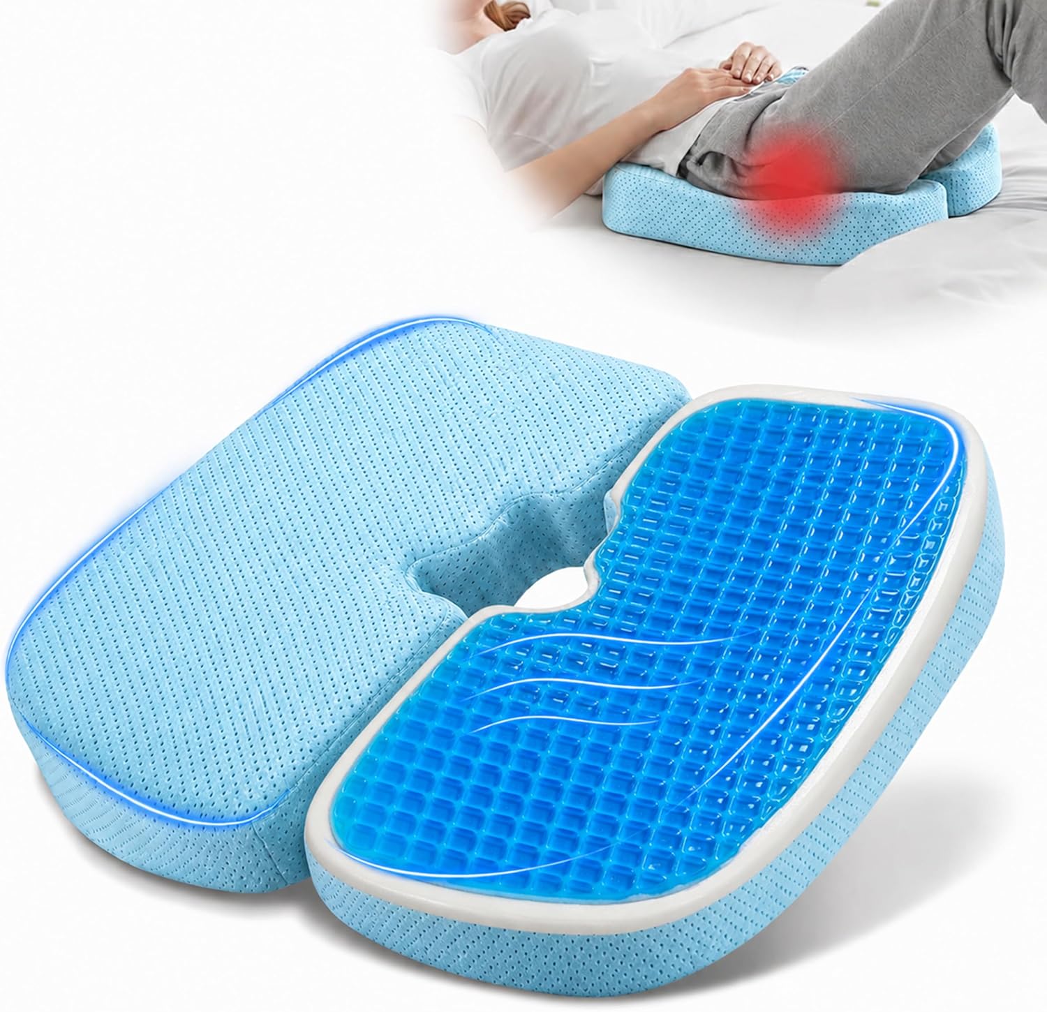 Two-piece sacral-coccyx cushion with a hollow center.
