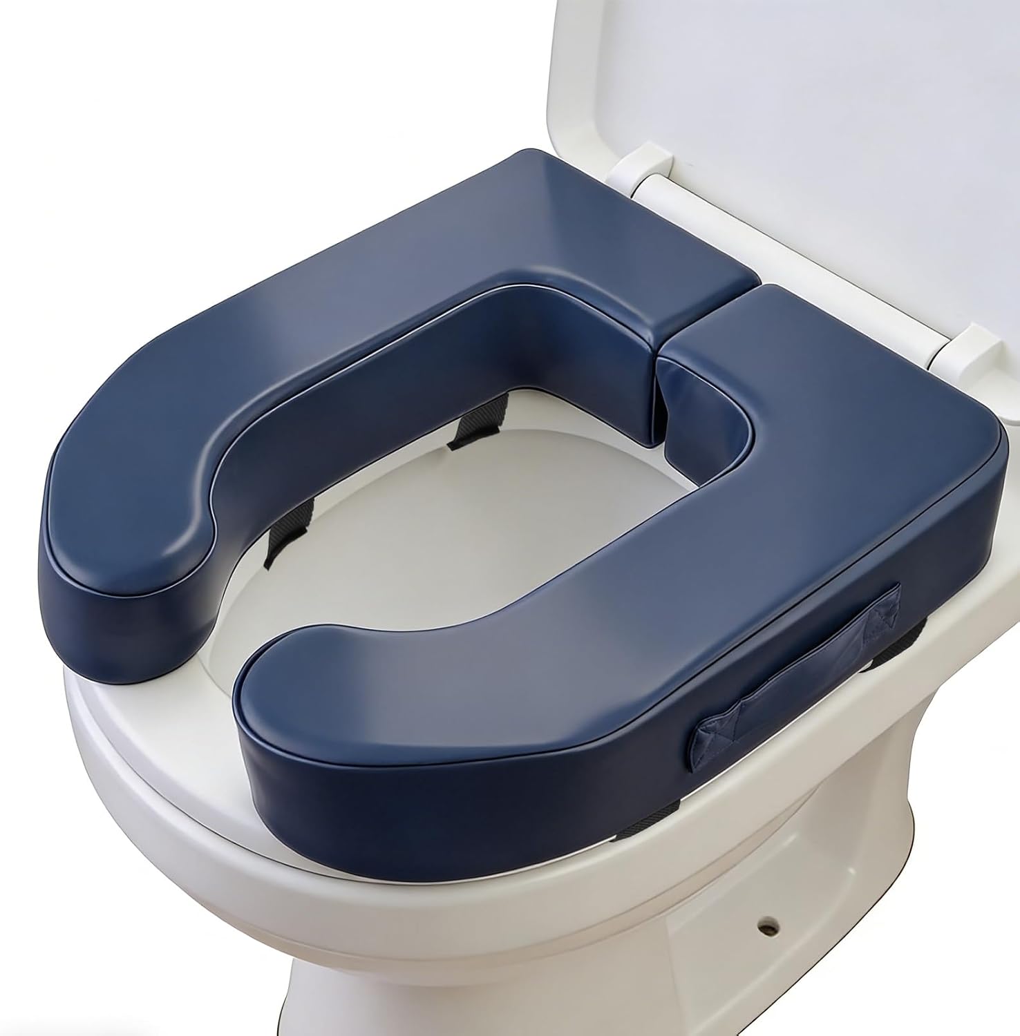 Foam toilet seat riser with straps.